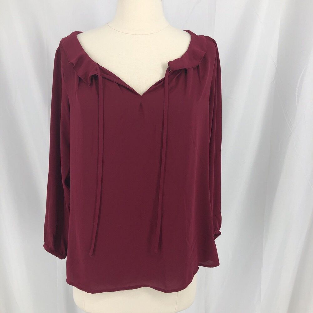 LOFT ANN TAYLOR ~red Long Sleeve V-Neck w/Tie Popover Blouse Small